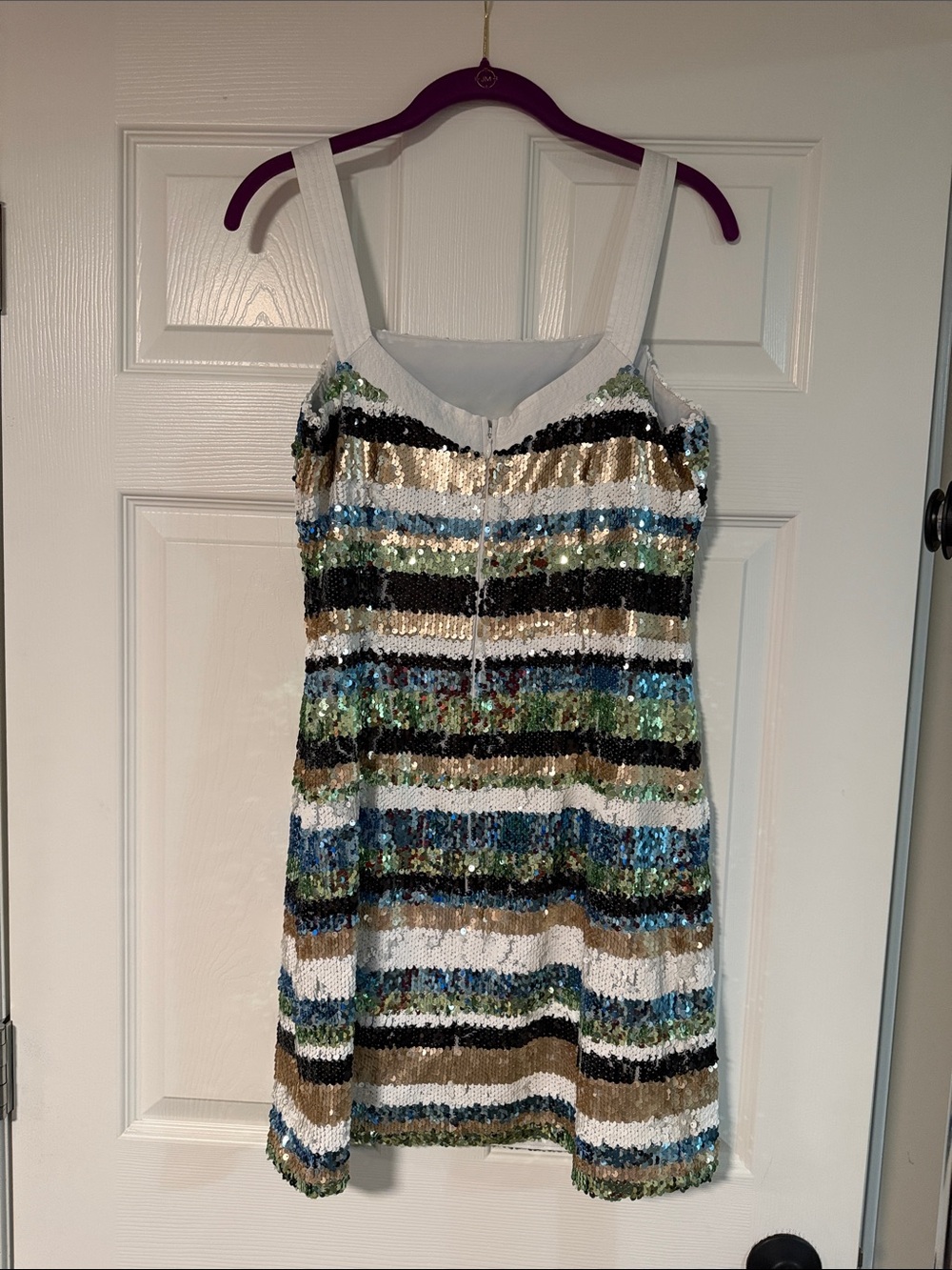 Vince Camuto Striped Sequin Cocktail Dress in White, Blue, Green, Gold, Black - Picture 3 of 3